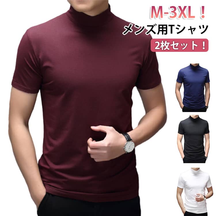Rakuten - 2枚セット ハイネックtシャツ ハイネック カットソー 半袖 メンズ Tシャツ メンズtシャツ モックネック ゴルフtシャツ ストレッチ 無地 モックネックシャツ トップス スポーツウェア ランニング ゴルフウェア 半袖Tシャツ 作業着 父の日 春 夏 M-3XL