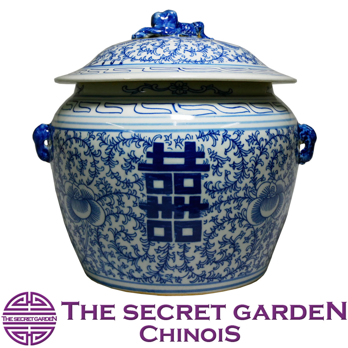 【送料無料】THE-SECRET-GARDEN Blue & White ジンジャーポット 囍 双喜紋 青白陶器蓋付壷 飾り壺 ダブルハピネス シノワズリ 貔貅【アンティーク風 景徳鎮 ブルーセラミック 青磁 青梅花 ブルーアンドホワイト ドラマ使用 置物 オリエンタル】ザ・シークレットガーデン