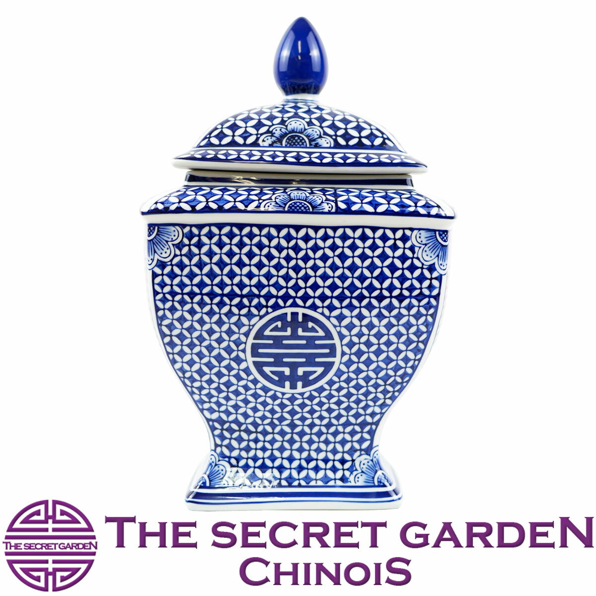 【送料無料】THE-SECRET-GARDEN シノワズリ Blue & White 飾り壺 ジンジャージャー ポット 青白陶器蓋付壷 ブルーアンドホワイト 大【囍 双喜紋 ダブルハピネス アンティーク風 雑貨 ブルーセラミック 景徳鎮 青水花魚泳飾 青梅花 置物 オリエンタル】シークレットガーデン