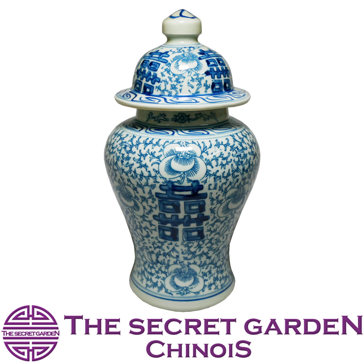 THE-SECRET-GARDEN Blue & White ジンジャーポット 囍 双喜紋 ダブルハピネス 飾り壺 シノワズリ【青白 陶器 蓋付壷 ジンジャージャー アンティーク風 雑貨 ブルーセラミック 景徳鎮 青磁 花鳥柄 青梅花 ブルーアンドホワイト 花瓶 置物 オリエンタル】シークレットガーデン