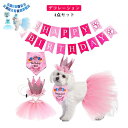 犬の誕生日パーティー用品 4点セット 帽子とドレスの女の子セットと犬の誕生日バンダナ 小型中型犬用お誕生日おめでとう犬バンダナ, ピンク(4)