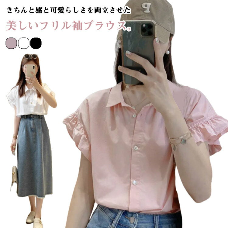 樂天商城 - レディース 大人可愛い 夏 フレンチスリーブシャツ 半袖 フレンチスリーブ 半袖ブラウス トップス 半袖シャツ シャツブラウス 薄手 半袖シャツ 体型カバー フリル袖 ゆったり メロー 襟付き 無地 シンプル きれいめ おしゃれ 白シャツ 夏物 白 ブルー 大きいサイズ