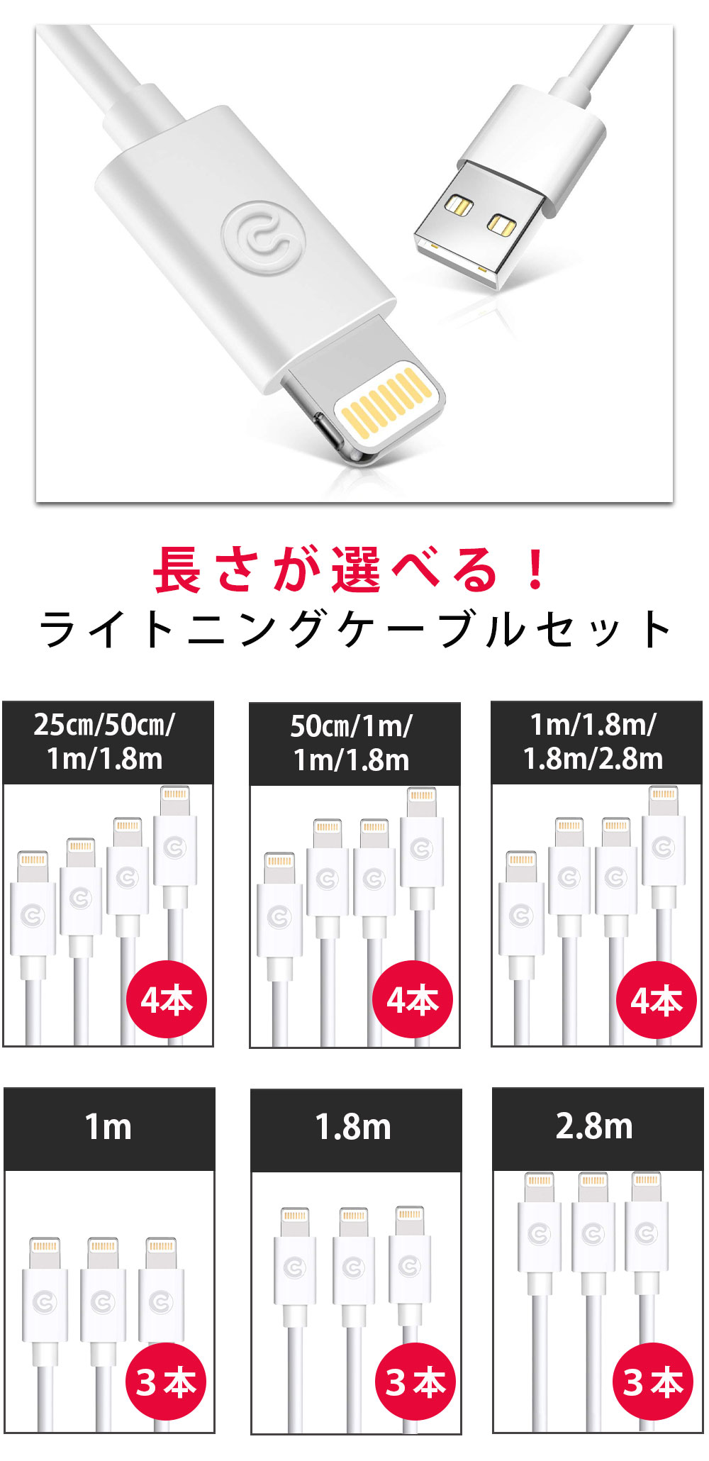 【 3本 or 4本セット 25cm 50cm 1m 1.8m 2.8m 】 選べるセット ライトニングケーブル iPhone アイフォン 充電 コード 充電ケーブル lightning アップル USB 高耐久 白 ホワイト 折れない スマホ【 Amoner 公式 / レビューで保証延長 】