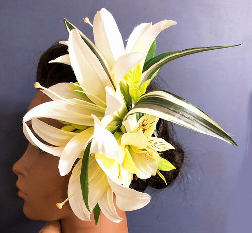 フラダンス衣装　髪飾り　花飾り　レフア　イベント　フラ　KC-040　アレンジ　ヘアクリップ　エレガントカサブランカ　ホワイト　白 3