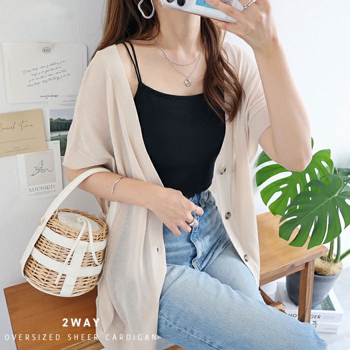 乐天商城 - オーバーサイズ 2way シアーニット カーディガン レディース フレンチスリーブ ドライタッチ リラックス カジュアル 落ち感 春 夏 秋 オフィスカジュアル かわいい お出かけ デート 楽ちん ゆったり Ladies 20代 30代 40代