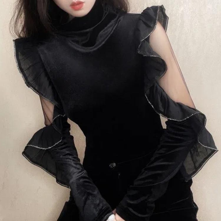 カットソー レディース ベルベット 長袖 ハイネック tシャツ 春 秋 冬 トップス プルオーバー フリル メッシュ袖 フィット スリム セクシー 上品 フォーマル 大人 おしゃれ かわいい シンプル 無地 オフィス カジュアル 通勤 20代 30代 40代 OL 送料無料
