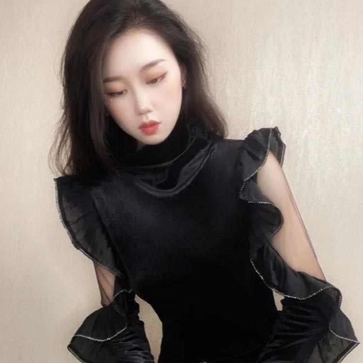 カットソー レディース ベルベット 長袖 ハイネック tシャツ 春 秋 冬 トップス プルオーバー フリル メッシュ袖 フィット スリム セクシー 上品 フォーマル 大人 おしゃれ かわいい シンプル 無地 オフィス カジュアル 通勤 20代 30代 40代 OL 送料無料