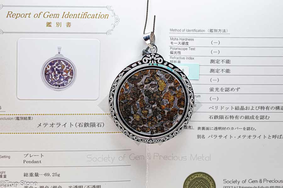 鑑別書付き パラサイト隕石 回転 大型 ペンダントトップ 69.25g 石鉄隕石 メテオライト 隕石 ペリドッ..