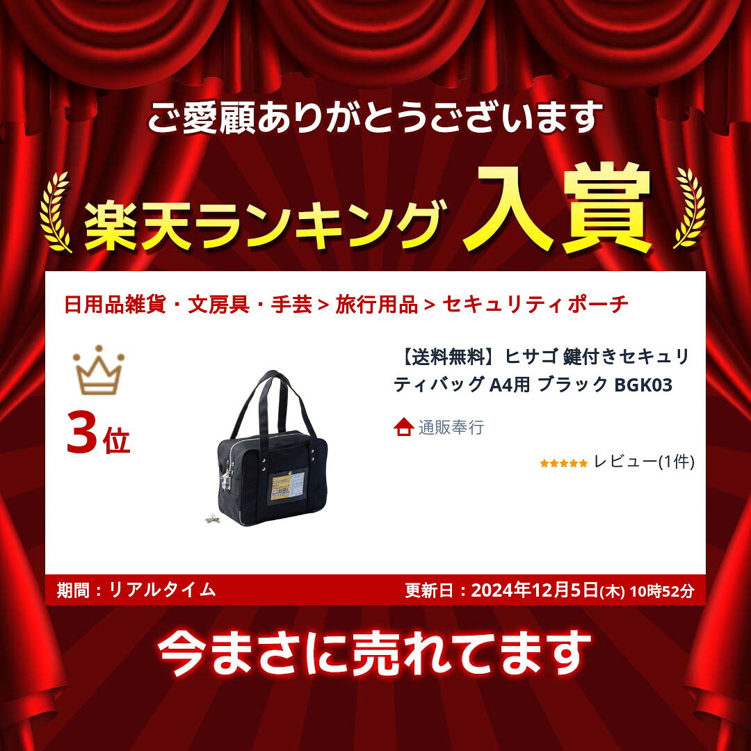【送料無料】ヒサゴ 鍵付きセキュリティバッグ A4用 ブラック BGK03