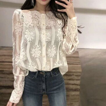 送料無料 レース 花柄 シャツ ブラウス 白 黒 Tシャツ カットソー レディース 可愛い かわいい ロング シンプル 無地 ゆったり 大人 上品 長袖 大きいサイズ 春 夏 秋 冬 カジュアル 透け シースルー 肌見せ オフィス OL 通勤 着痩せ