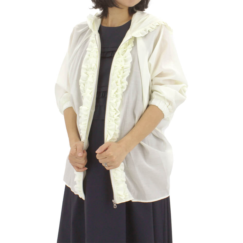 【お買い物マラソン連動】【アウトレットセール50％OFF】ヴィルカ Virca ジャケット レディース フリル フード ファスナー ラグラン袖 七分袖 切替 カジュアル ドレッシー フェミニン キュート Mサイズ バーゲン