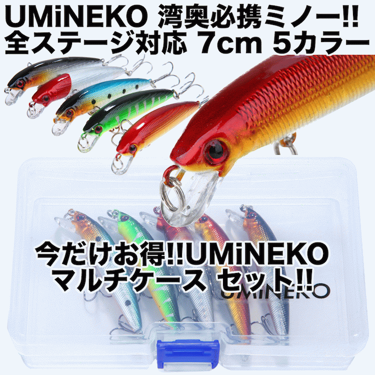 メール便送料無料 UMINEKO シーバス フローティング ミノー セット 5個 70mm 4.5g 002-70S 湾奥 ヒラメ ルアー マルチケース付き 海水 汽水 淡水 対応 レッドヘッド アカキン グリーンタイガー イワシ ウミネコ