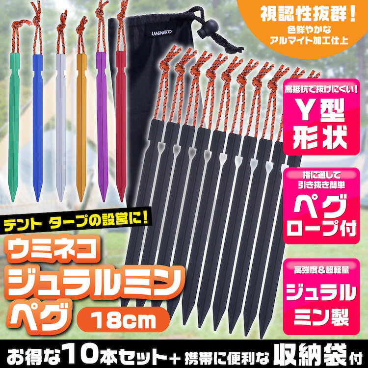 メール便送料無料 ペグ セット アルミペグ 18cm 10本セット シート テント用 タープ用 収納袋付き 軽量 ジュラルミン製 アウトドア レジャー シート テント用 タープ用 キャンプ ペグダウン 固定用杭 黒 ブラック ウミネコ Y字型