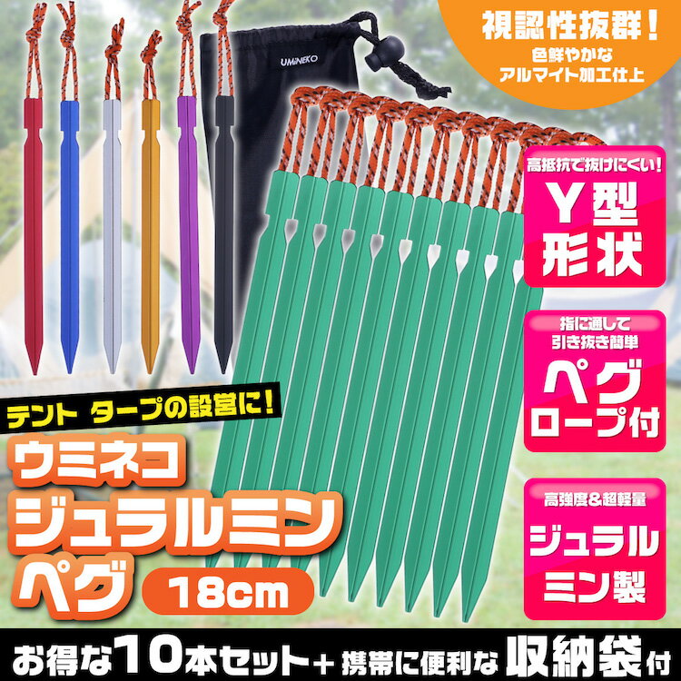 メール便送料無料 ペグ セット アルミペグ 18cm 10本セット シート テント用 タープ用 収納袋付き 軽量 ジュラルミン製 アウトドア レジャー シート テント用 タープ用 キャンプ ペグダウン 固定用杭 緑 グリーン ウミネコ Y字型