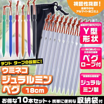 メール便送料無料 ペグ セット アルミペグ 18cm 10本セット シート テント用 タープ用 収納袋付き 軽量 ジュラルミン製 アウトドア レジャー シート テント用 タープ用 キャンプ ペグダウン 固定用杭 銀 シルバー ウミネコ Y字型