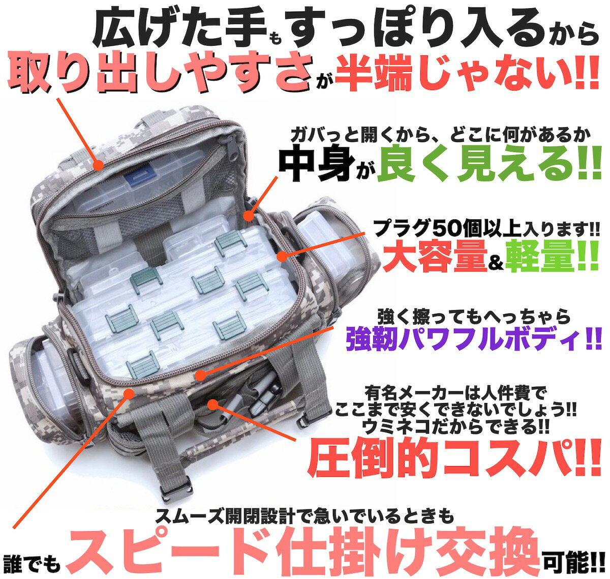 釣り ウエストバッグ UMiNEKO ルアー バッグ エギング バッグ バッグ ハイパフォーマンス ルアーエギングバッグ 02 広口タイプ 防水 ヒップ バッグ ショルダー カメラ 自転車 アウトドア フィッシング シーバス 人気 父の日 プレゼント バイク キャンプ UM-FB-02通販格安セール情報 楽天 通販