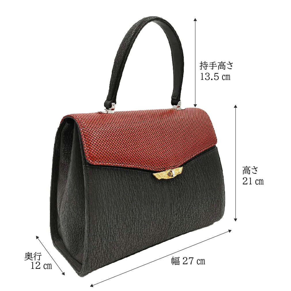 志舞壱の日本製 印伝 × 鮫革 2way ハンドバッグ (黒×茶) レディース 女性用 本革 レザー 鞄 日本製 JRA認定 印伝革 印傳 鹿革 漆 シャークスキン 沙皮 伝統工芸 ハンドバック ショルダーバッグ 手提げ 着物和装 和洋兼用｜アングル3