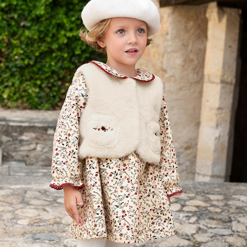 女の子 キッズ 子ども服 ワンピース セット アウター ベスト リバティ 花柄 裏起毛 ファーベスト ボア ふわふわ あたたかい 防寒着 花柄 耳付き 普段着 通園 通学 上品 春 秋 冬 80 90 100 110 120 130 140cm db4243928 dave&bella デイブベラ