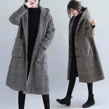 ビックシルエット フード付き コート 大きいサイズ コクーンコート フーデットコート ジャケット フードコート レディース アウター コート ロング ロングコート チェック柄 オシャレ レディース ゆったり 秋冬 かわ大