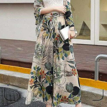 ガウチョパンツ スカートパンツ パンツスカート スカンツ スカーチョ ウエストゴム テロテロ タックパンツ パンツフレア リゾート ハイウエスト レトロ 花柄 リーフ柄 お洒落 大人可愛い シンプル 夏 ビーチ 海 海水浴 お出かけ 春2020 夏2020 トレ定 上20 30普 式30
