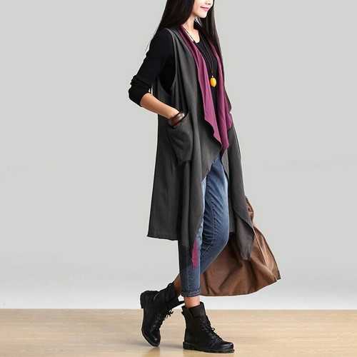 秋服 レディース 大きいサイズ ロングベスト トップス ジャケット リネン 秋 冬 ノースリーブ バイカラー 寒さ対策 シック レディース 大人カッコいい 通勤 カーディガン