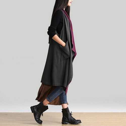 秋服 レディース 大きいサイズ ロングベスト トップス ジャケット リネン 秋 冬 ノースリーブ バイカラー 寒さ対策 シック レディース 大人カッコいい 通勤 カーディガン