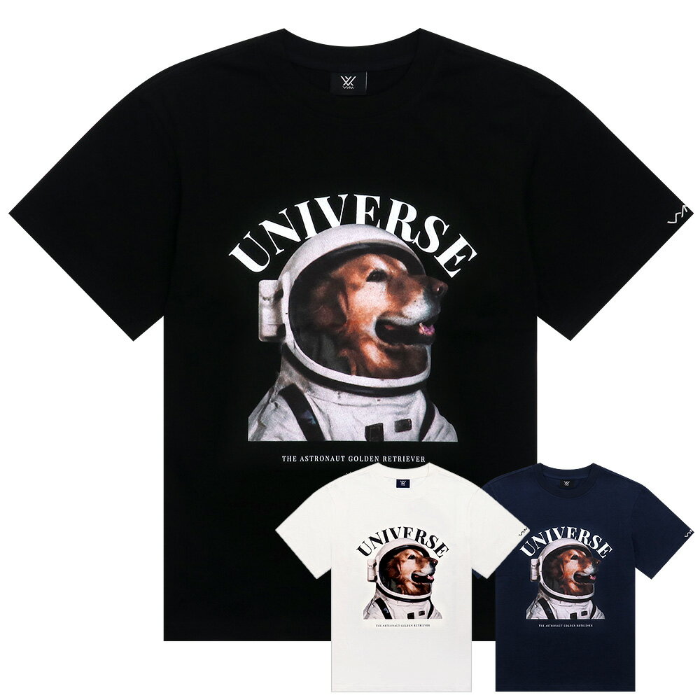 ヴィム VYM Tシャツ THE ASTRONAUT GOLDEN RETRIEVER 半袖 レディース メンズ 男女兼用 韓国 ファッション ブランド ロゴ 黒 白 紺 犬 イヌ 犬柄 ゴールデンレトリバー レトリバー