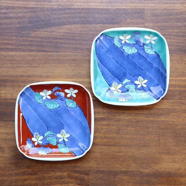 有田焼　角銘々皿　草枕（緑・赤）