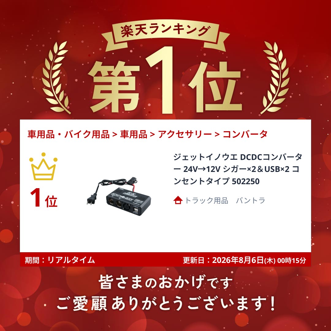 トラック用品 バントラのランキング受賞! ジェットイノウエ DCDCコンバーター 24V→12V シガー×2＆USB×2 コンセントタイプ 502250｜アングル2