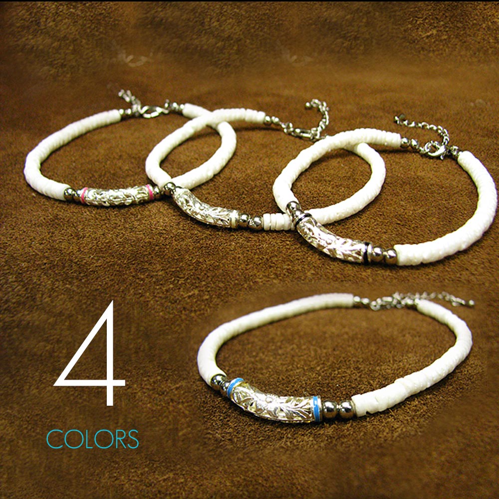 VASEERA -ヴァシーラ- ハワイアンホワイトシェル(白ヒーシー) 透かし彫りプルメリアパイプ アジャスター付きアンクレット【メンズ/レディース両対応/ ハ...