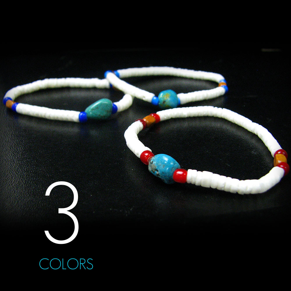 VASEERA -ヴァシーラ- ハワイアンホワイトシェル(白ヒーシー) 天然ターコイズ&コアウッド ブレスレット 【メンズ/レディース/ ハワイアンジュエリー/...
