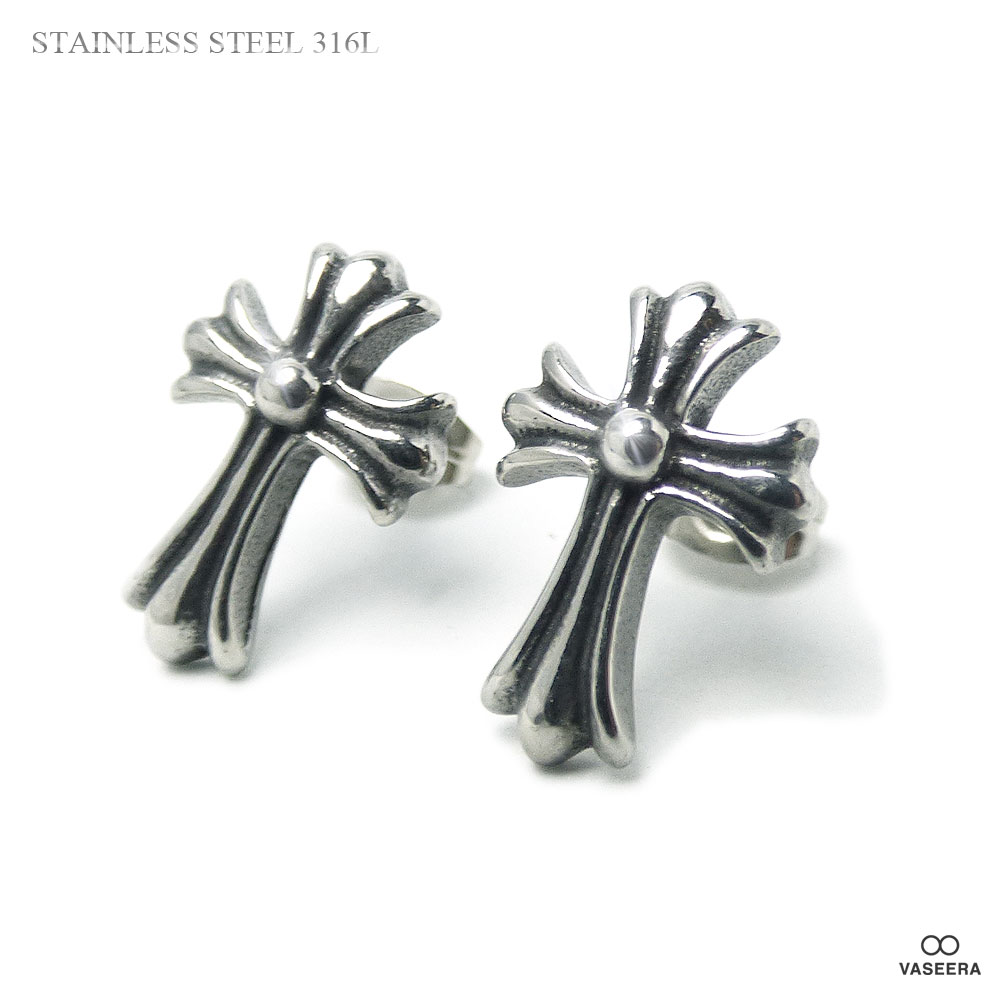 樂天商城 - VASEERA -ヴァシーラ- 【二個セット(両耳用) / ステンレスピアス】 17mm フローラルクロス ブラックポリッシュアンティーク仕上げ ステンレスピアス【メンズ/レディース/サージカルステンレス/ステンレス・スチール316L/STBP-0007】