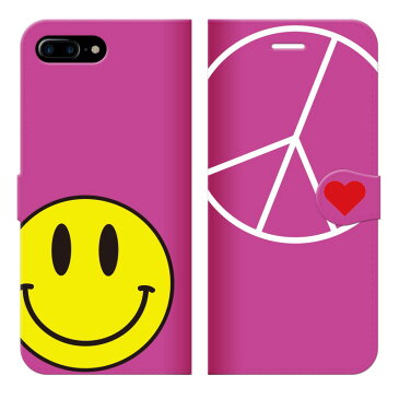 iPhone Plus系兼用（8/7/6s/6） 用スマホケース 手帳型 PEACE & SMILE D スマイリー スマイリーフェイス スマイル スマイルマーク ニコちゃん かわいい グッズ