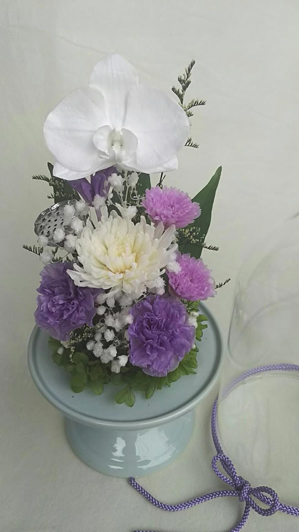 仏花 Lサイズガラスドーム入 偲い 胡蝶蘭と輪菊淡藤色の小花アレンジ 咲き続ける生花 プリザーブドフラワー ギフト【送料無料】【RCP】[PW]