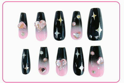 【全品　送料無料！】　オリジナル　 ネイルチップブラックピンク　ロングスクエアタイプ　セルフネイ..