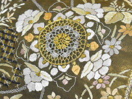 <汕頭手刺繍/スワトウ手刺繍>豪華中国刺繍レース編み高級袋帯【お仕立代無料&送料無料&代引料無料】地色:鈍金地正絹女性用