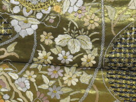 <汕頭手刺繍/スワトウ手刺繍>豪華中国刺繍レース編み高級袋帯【お仕立代無料&送料無料&代引料無料】地色:鈍金地正絹女性用