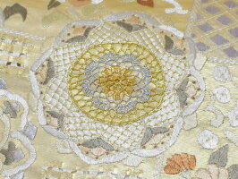 <汕頭手刺繍/スワトウ手刺繍>豪華中国刺繍レース編み高級袋帯【お仕立代無料&送料無料&代引料無料】地色:鈍金地正絹女性用