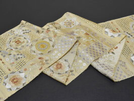 <汕頭手刺繍/スワトウ手刺繍>豪華中国刺繍レース編み高級袋帯【お仕立代無料&送料無料&代引料無料】地色:鈍金地正絹女性用