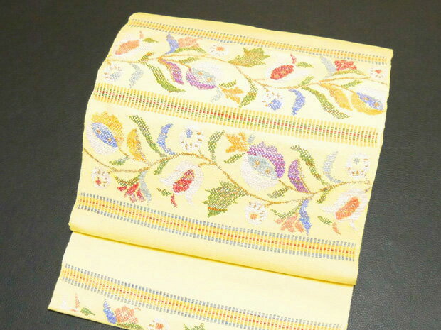 西陣織 帯屋捨松謹製 八寸名古屋帯 西陣帯【お仕立代無料＆送料無料＆代引料無料】新品 女性用 草花段文 薄黄色 イエロー 八寸帯 八寸なごや帯 袋名古屋帯 袋なごや帯 かがり帯 色無地用 小紋用 紬用 日本製