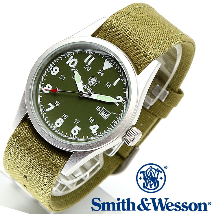 楽天腕時計FANスミス＆ウェッソン Smith & Wesson 正規品 ミリタリーウォッチ 腕時計 メンズ MILITARY WATCH OLIVE DRAB SWW-1464-OD デイトカレンダー 日付 キャンバスベルト 付け替えベルト付き 男性用 時計 オリーブドラブ 送料無料 あす楽