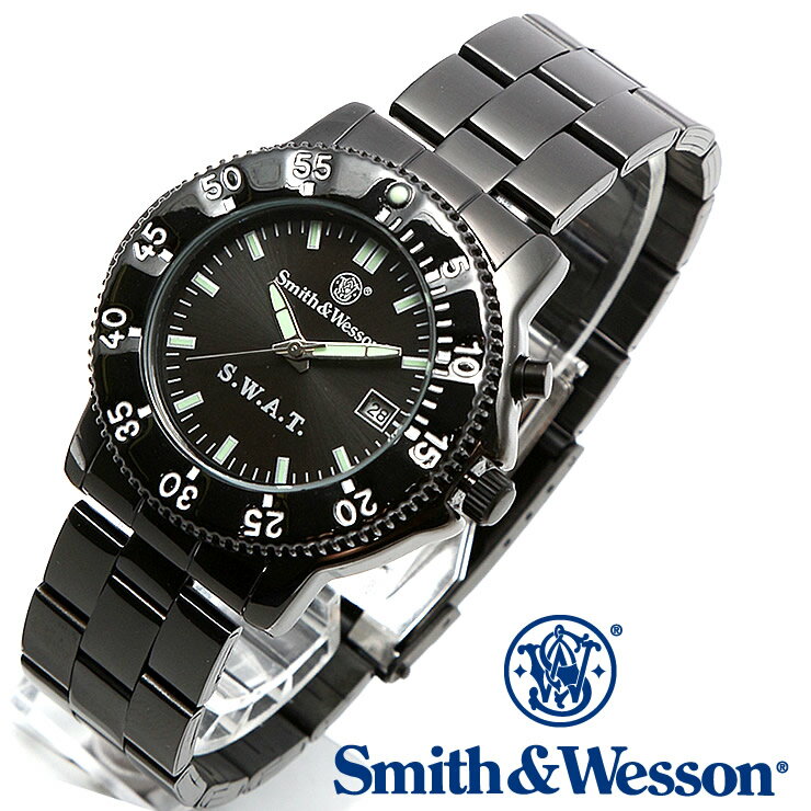 ポリス 腕時計（メンズ） スミス＆ウェッソン Smith & Wesson 正規品 ミリタリーウォッチ 腕時計 メンズ SWAT WATCH BLACK SWW-45M ポリスシリーズ スワット ダイバーズ デイトカレンダー 日付 メタルベルト 雑誌掲載ブランド 男性用 時計 ブラック 送料無料 あす楽