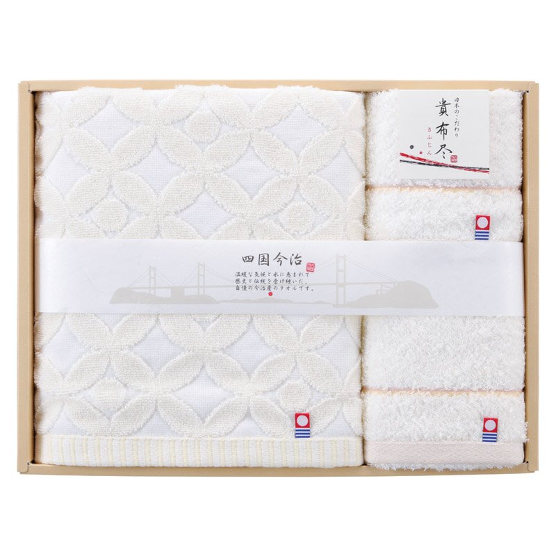 ギフト商品をお買い上げのお客様へ・直送品のため代金引換はご利用できません。・北海道・沖縄はお届けできません。・お届けまで1週間前後お日にちを頂く場合がございます。・ギフト商品は通常商品と同梱できません。上品なデザインで、甘撚り糸を使用し柔らかさと吸水性の良さを実感でいる商品です。バスタオル（60×120cm）・フェイスタオル（34×80cm）・ウォッシュタオル（34×35cm）×各1・材質/綿100%・原産国：日本関連商品今治 日々是ふわり 愛媛今治 バスタオル&ハンドタオル（木箱入）【のし...今治謹製 さくら紋織 桜染めフェイスタオル2P（木箱入）【のし・包装無...わたいろ nishikawa今治タオル フェイスタオル3P ピンク【の...4,070円4,070円4,070円今治タオル koyomi ori バスタオル（国産木箱入）【のし・包装...IMABARI殿堂天然水仕上げ ハンドタオル2P【のし・包装無料】【代...今治謹製 紋織タオル バスタオル&ウォッシュタオル（木箱入） ブルー【...4,070円4,070円4,070円今治謹製 至福タオル フェイスタオル2P【のし・包装無料】【代引不可】...今治小町 白無垢II ハンドタオル2P（木箱入）【のし・包装無料】【代...今治 伊布季 IBUKI 日本製 愛媛今治 タオルセット【のし・包装無...4,070円4,070円4,070円白妙の結 フェイスタオル2P【のし・包装無料】【代引不可】...わたいろ nishikawa今治タオル フェイスタオル3P ブルー【の...瀬戸内逸品 しおさい フェイスタオル2P（木箱入）【のし・包装無料】【...4,070円4,070円4,070円■ 今治タオル 貴布尽4 タオルセット上品なデザインで、甘撚り糸を使用し柔らかさと吸水性の良さを実感でいる商品です。