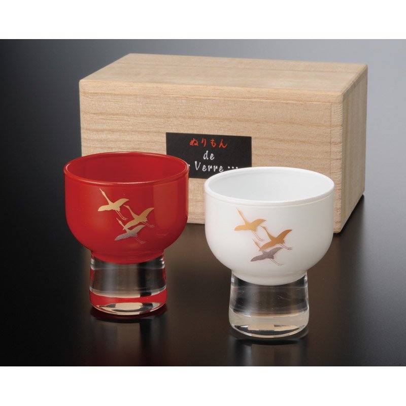 紀州塗 ぬりもんdeVerre 盃 紅白ペア 千羽鶴 木箱入【のし・包装無料】【代引不可】