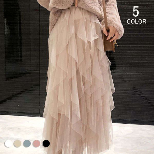 【予約販売】チュールスカート ロング スカート フレアスカート マキシスカート マキシ丈スカート ロングスカート 春 夏 プリーツスカート ボリューム ふわふわ aライン ウエストゴム 体型カバー レース レディース ロング丈 裏地付き