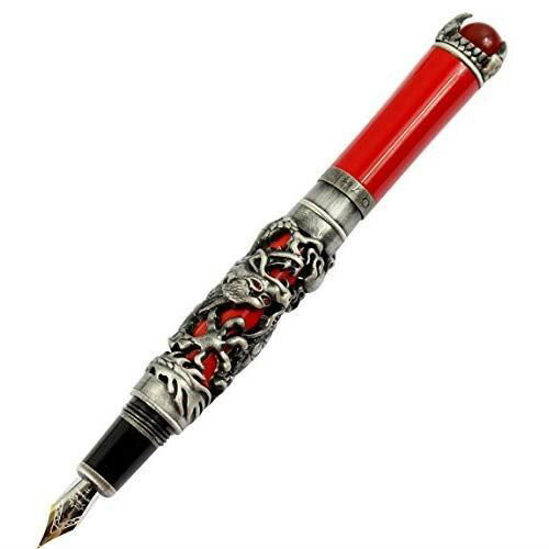 Gullor JinHao アンティークシルバードラゴンスタイル3D刻まれたペン、レッドパール、ミディアムペン、レッド 赤