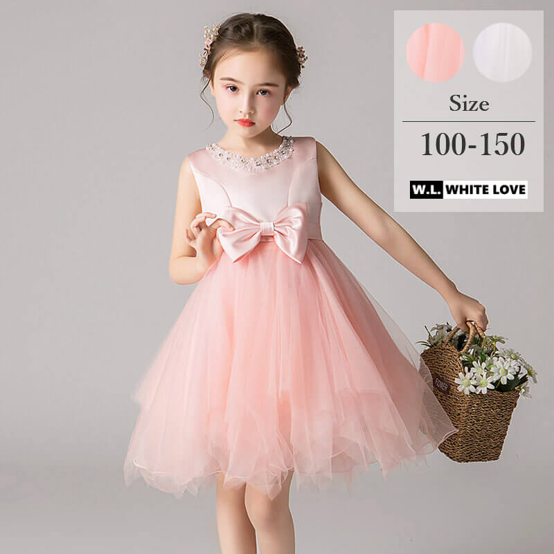 子供ドレス ノースリーブ 子供服 カラードレス ワンピース フワラーガール 子どもドレス 可愛い 衣装 女の子 ［ カラー：ホワイト ピンク / サイズ： 100 110 120 130 140 150 ］ サブカラー： 白