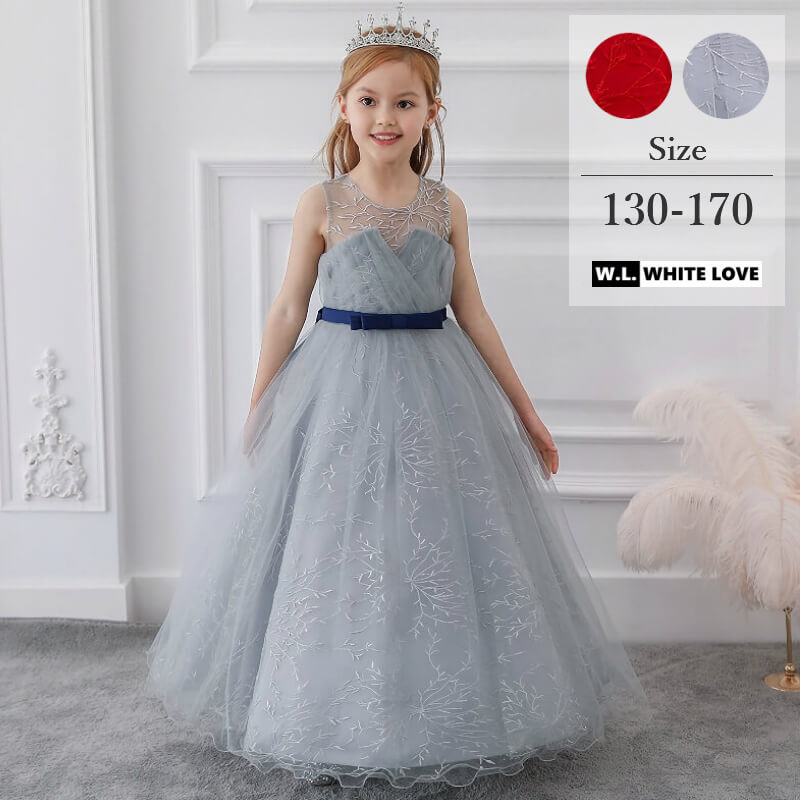 子供ドレス ノースリーブ 子供服 カラードレス ワンピース フワラーガール 子どもドレス 可愛い 衣装 女の子 ［ カラー： グレー レッド / サイズ： 130 140 150 160 170 ］ サブカラー： 赤 黒 青 紺色 灰色