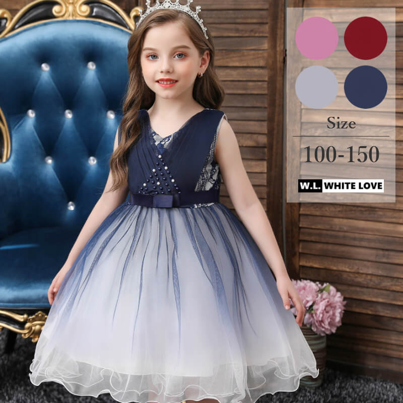 子供ドレス ノースリーブ 子供服 カラードレス ワンピース フワラーガール 子どもドレス 可愛い 衣装 女の子 ［ カラー： レッド ブルー グレー ピンク / サイズ： 100 110 120 130 140 150 ］ サブカラー： 青 紺色 赤 灰色