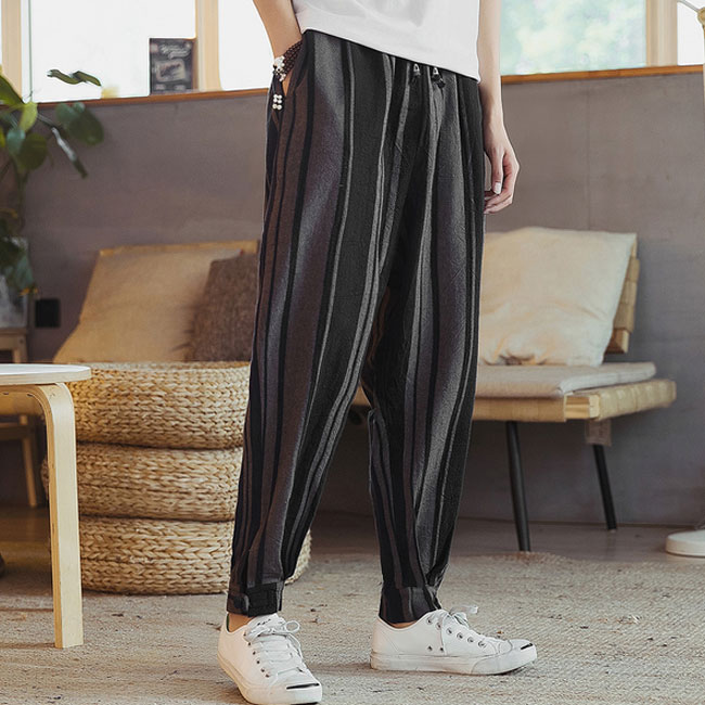サルエルパンツ 綿麻 メンズパンツ ストライプ リネンパンツ クロップドパンツ ゆったりめ カジュアル オシャレ